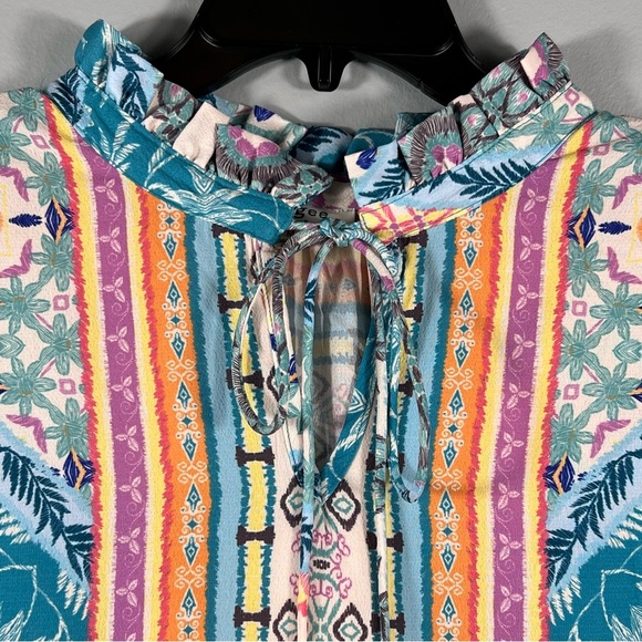 Tribal Boho Shift Dress Size Medium Caftan Bell Sleeve Midi Festival 60s Tunic - Picture 2 of 8